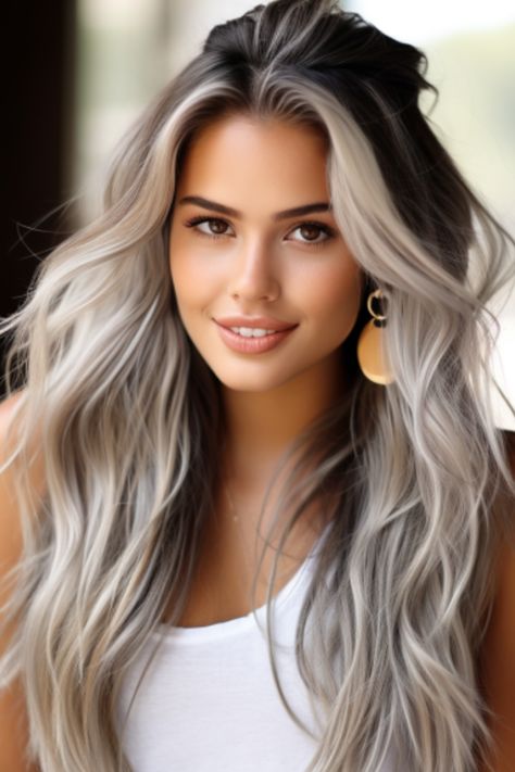 The half-up half-down silver style offers a versatile look that can be casual or elegant. This style pulls half the hair up into a bun or ponytail, allowing the rest to flow freely and showcasing your beautiful silver tones. Click here to check out more stunning silver hair color ideas for 2023. Best Hair For Cool Skin Tone, Silver Hair Color Ideas For Brunettes, Hair Colors For Green Eyes And Fair Skin, Asian Silver Hair, Morena Skin Hair Color, Blonde Grey Balayage, Silver Toned Blonde Hair, Balayage Grey Hair, Gray Money Piece Hair