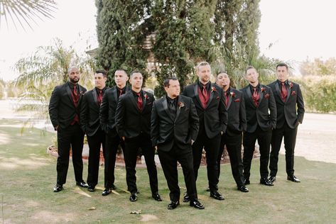 Black Wedding Dress With Burgundy Bridesmaids, Black Bridesmaid Dresses With Maroon Flowers, Black Tux With Burgundy Tie, Black And Red Groom Attire, All Black Suit With Burgundy Tie, Dark Burgundy And Black Wedding, Black And Burgundy Wedding With Sunflowers, Deep Red Groomsmen Attire, Black And Burgundy Groomsmen