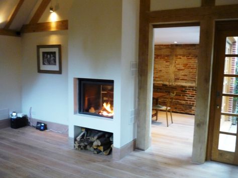 Double Sided Log Burner, Double Sided Stove, Barn Conversion Interiors, Wood Burning Stoves Living Room, Log Burner Fireplace, Best Decor Ideas, Inset Stoves, Classy Kitchen, Wooden Fireplace