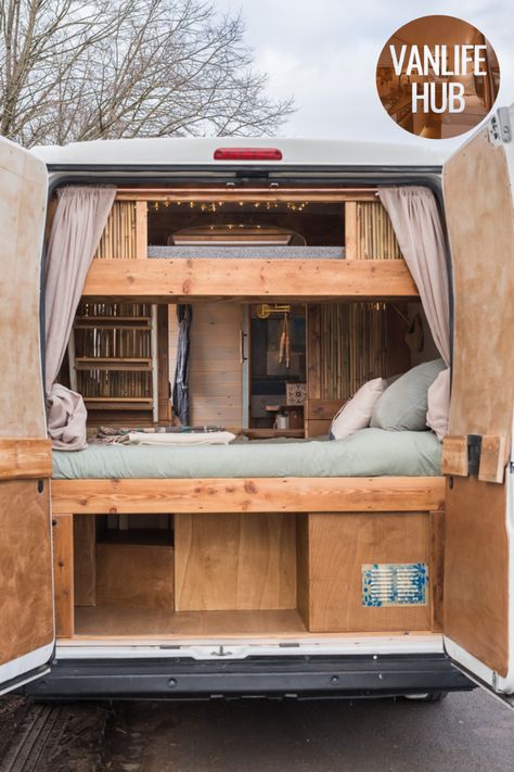 Rear of Citroen Relay campervan with doors open showing two wooden beds in bunkbed formation Bunk Bed Campervan, Van Conversion Twin Bed Layout, Twin Bed Van Conversion, Van Life Bed Ideas, Citroen Relay Campervan, 4 Berth Campervan Conversion, Mwb Camper Conversion, Campervan Interior Layout, Campervan Bed Ideas