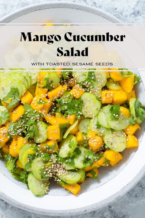 This Cucumber Mango Salad is the perfect light side or addition to grain or rice bowls. Try it in a rice bowl with salmon and spics mayo. It's so easy to make and perfectly refreshing. Healthy Student Meals, Sauteed Salmon, Cucumber Mango, Asian Diet, Hummus And Pita, Salmon Rice Bowl, Drying Cilantro, Fresh Salad Recipes, Student Recipes