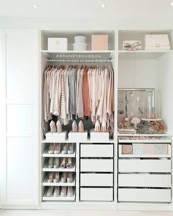 A round-up of the best closet makeovers using the IKEA Pax system with hacks to make it look custom and solutions for creating the most functional closet. Bilik Perempuan, Closet Makeovers, Ikea Pax Closet, Pax Closet, Organized Closet, Ikea Closet, Ikea Pax Wardrobe, Dream Closet Design, Office Tour