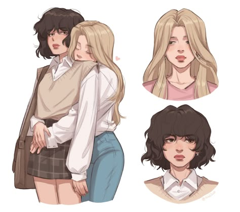 Lesbian Oc Drawing, Girlfriends Drawing Reference, Wlw Art References, Wlw Art Cute, Lesbian Couple Reference Drawing, Cute Sapphic Art, Wlw Drawing Reference, Bridal Style Carry Drawing Reference, Couple Oc Art