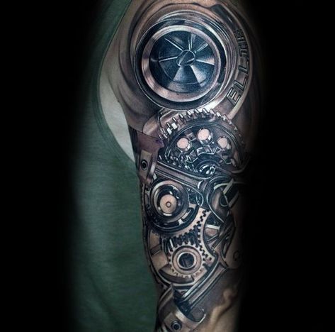 Turbo Tattoos For Gentlemen Turbo Tattoo Sleeve, Diesel Tattoo Ideas, Car Engine Tattoo, Diesel Mechanics Tattoo, Rare Tattoos Men Forearm, Turbo Tattoo, Biomechanical Tattoo Arm, Badass Sleeve Tattoos, Piston Tattoo