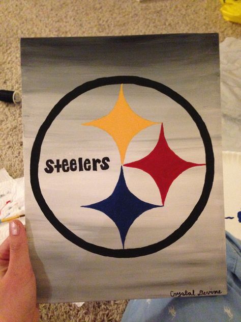 Pittsburgh Steelers emblem. Painted this for my dad's birthday! Steelers Canvas Painting, Steelers Drawings, Steelers Painting, Steelers Emblem, Amazing Sketches, Steelers Country, Santa Paintings, Leather Tooling Patterns, Tooling Patterns