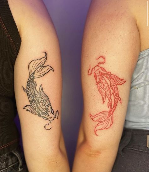 Traditional Black Koi Fish Tattoo, Koi Fish Sister Tattoo, Red And Black Coy Fish Tattoo, Coi Fish Matching Tattoo, Matching Coy Fish Tattoo, Matching Japanese Tattoos, Red And Black Koi Fish Tattoo, Koi Fish Tattoo Japanese Style, Koi Fish Tattoo Matching