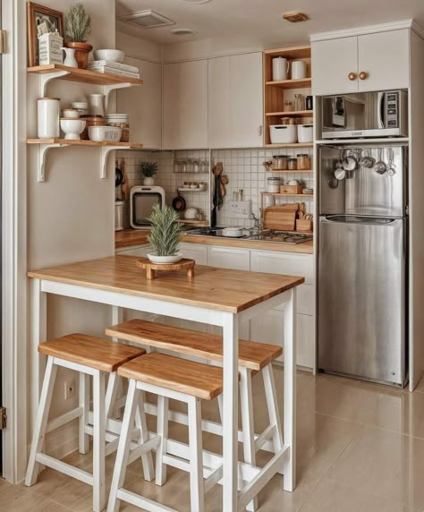 Tiny Kitchen With Dining Area, Kitchen In Small Apartment, Small Kitchen Ideas On A Budget Tiny Houses Interior Design, Woody Apartment, Small Kitchen Ideas Apartment Decor Inspiration, Tiny Kitchen Design Small Apartments, Cute Kitchen Ideas Apartments, White Apartment Kitchen, Small Apartment Decorating Kitchen