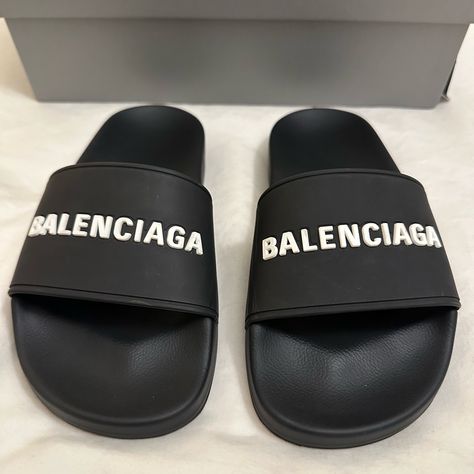 Amazing Condition Balenciaga Slides!! These Include Original Box, Receipt, And Balenciaga Travel Bags For Slides. I Unfortunately Have To Let These Go Even In Excellent Condition. I Wore Them Once As You Can Tell By The Pictures. Slight Scuffs On The Inside Of The Slides Due To Feet Touching While Walking. These Are Not Brand New Although They Look Brand New. Please No Low Ball Offers These Slides Are Amazing Condition. Balenciaga Platform Slides, Functional Black Slides For Streetwear, Black Slides With Textured Footbed For Streetwear, Balenciaga Slides, Black Slip-resistant Slides For Sports, Balenciaga Fur Slides, Balenciaga Black, Pool Slides, Slides