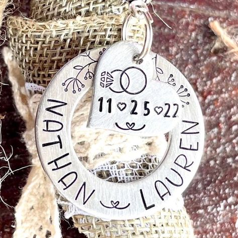 Hand Stamped "Name/Date” Wedding Bouquet Charm. Perfect Touch To Personalize Your Bouquet And Have A Wedding Keepsake! After Your Wedding Day These Can Be Used As Christmas Ornaments! *1.25” Aluminum Washer Blank, .5" Heart Tag -Burlap Twine For More Lauren Brooke Shop Products Check Out My Website: Www.Laurenbrookeshop.Com Wedding Bouquet Charms, Bouquet Charms, Gift Bouquet, Heart Tag, Perfect Wedding Gift, Wedding Keepsakes, Elegant Home Decor, Shop Products, Bride Gifts