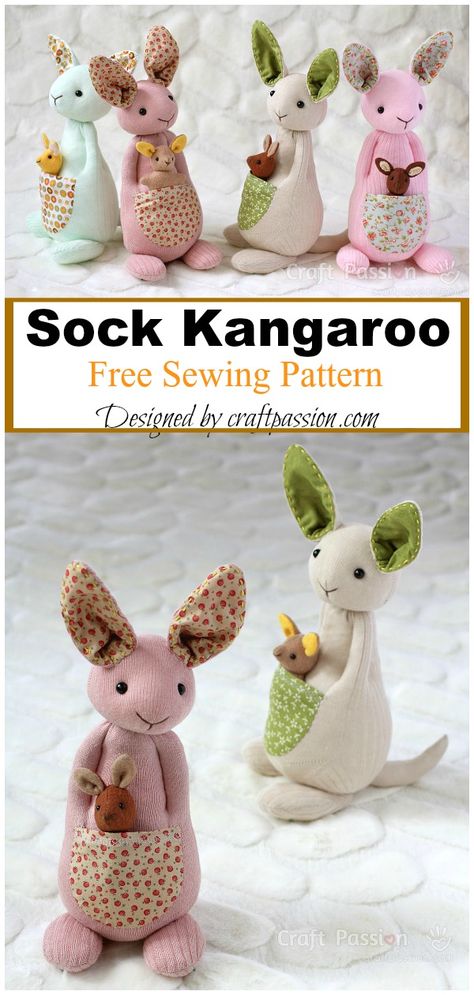 Sock Kangaroo Free Sewing Pattern Traveling Sewing Projects, Small Sewing Projects To Sell, Sock Plush, Free Sewing Projects, Grandma Ideas, Sock Dolls, Hand Sewing Projects, Sock Toys, Sewing Things