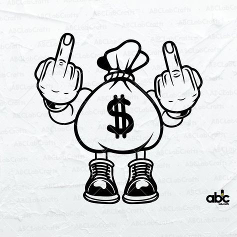 "THIS IS A DIGITAL PRODUCT. No physical item will be sent. Money Bag Middle Finger Svg File | USA Dollar Sign Dxf | Money Bill Cutfile | Hipster Cut File | Gangster Clipart | Hooligan Money Robber Stencil \"A money bag is a bag normally used to hold and transport coins and banknotes, often closed with a drawstring. When transported between banks and other institutions, money bags are usually moved in an armored car or a money train. It is a type of currency packaging. \" INSTANT DOWNLOAD will ma Money Evil Tattoo, Money Bag Graffiti, Bag Drawings Ideas, Money Bag Drawing Tattoo, Money Over Love Tattoo, Money Bills Drawing, Money Bags Drawings, Money Symbols Signs, Bag Chaser Tattoo