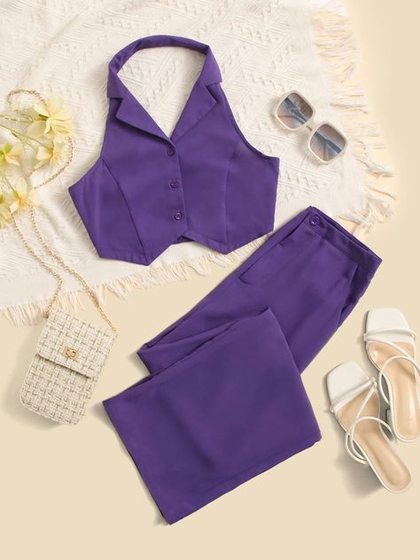 Morado Violeta Casual Collar sin mangas  Liso  Embellished No-Elástico  Ropa de Niñas Violet Top Outfit, Top Violeta, Violet Clothes, Top Morado, Dark Purple Top, Pop Concert Outfit, Guts Tour, Purple Tops, Purple Suits