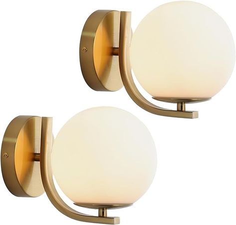 Popity home Gold Wall Sconces Set of 2, Mid Century Modern Wall Sconce with Globe Frosted Glass Shade, Art Deco Wall Mounted Light Fixture for Living Room, Bedroom, Hallway - Amazon.com Gold Wall Sconces, Art Deco Sconces, Deco Wall, Art Deco Wall, Bathroom Sconces, Mid Century Modern Walls, Modern Wall Sconces, Bedside Lighting, Gold Wall