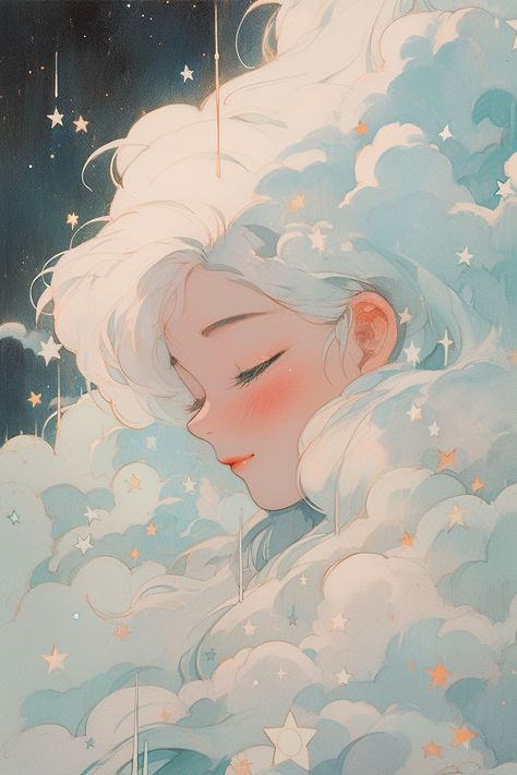 Cloud Hair Character Design, Cloud Hair Drawing, Woman With White Hair, Cloud Hair, Book Cover Art Design, Painting Of A Woman, Stars In The Sky, Cloud Drawing, Cute Doodle Art