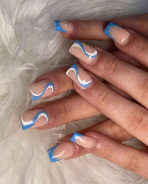 Blue French Tips With Swirls, Short Acrylic Nails Swirl Designs, Swirly Nail Designs French Tip, Swirl French Tip Nails Square, Blue And White French Tip Nails Square, Blue Swirl French Tip Nails, Short Nail Designs Blue And White, Swirl And French Tip Nails, White And Blue Swirl Nails