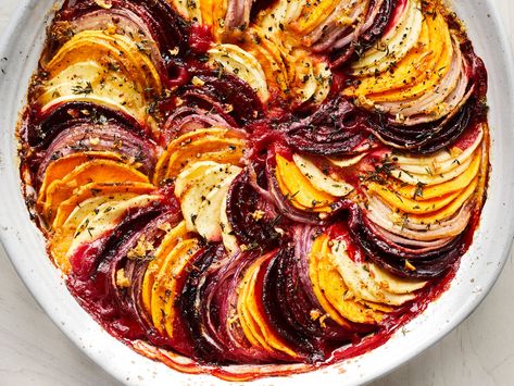 Root Vegetable Tian, Root Vegetable Bake, Vegetable Tian Recipes, Root Vegetable Side Dishes, Meatless Thanksgiving Recipes, Tian Recipe, Root Vegetable Recipes, Susan Spungen, Vegetable Tian