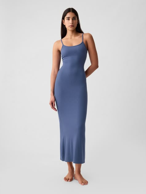 Soft, stretch modal-blend  maxi dress.  Scoop neck.  Spaghetti straps.  *Fit: Stretch-to-Fit.  An A-line silhouette that's slim through the waist & hip with a flared opening.  Hits at the ankle.  Models wearing Gap Dresses For Petites, Summer Maxi Dresses, Petite Maxi Dress, Add Sleeves, Long Denim Skirt, Modest Summer, Stylish Summer Outfits, Dream Wedding Ideas Dresses, Support People