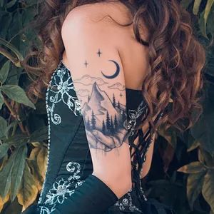 Moon Mountain Tattoo, Skull Hand Tattoo, Bookish Tattoos, Moon Mountain, Beginner Tattoos, Realistic Temporary Tattoos, Mountain Tattoo, Book Tattoo, Sleeve Tattoos For Women