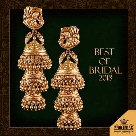 Abhushan Jewellers Published by Anand Prakash · 3 mins ·  The richness of Indian tradition delicately made up of Gold. Top-up your pre-wedding festivities with this perfect three-layered dome Gold dangler and let your beauty mesmerise everyone around you. Visit our store and get an exclusive peek at 'Best of Bridal' collection from 12th to 21st December. 2018.  #Bridal #AbhushanBridal #BridalJewellery #Bridetobe #Jewellery #bestbridaljewellery #designerjewellery #AbhushanJewellersAgra #bestofbri Abhushan Jewellers, Luxury Gold Temple Jewelry Jhumkas, Luxury Gold Plated Jhumkas For Wedding, Luxury Gold Plated Jhumkas, Wedding Jhumkas With Intricate Brass Design, Luxury Gold Ornate Jhumkas, Antic Jewellery, Gold Cat Earrings, Gold Jhumka Earrings