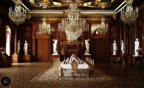 Palace Dining Room, Royal Dining Room, Gothic Dining Room, Old Mansions Interior, Luxury Restaurant Interior, Huge Mansions, Rosecliff Mansion, Luxury Ceiling Design, Moroccan Home Decor