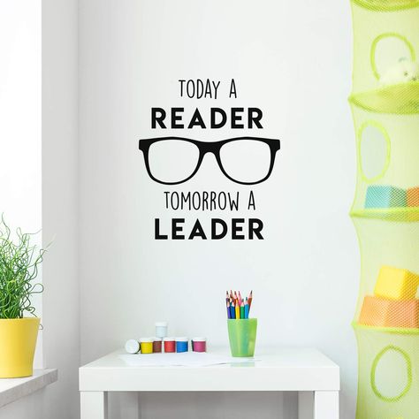 PRICES MAY VARY. Title: Vinyl Wall Art Decal - Today A Reader, Tomorrow A Leader - 25" x 22" - Trendy Motivational Optimistic Glasses Design Quote Sticker for Books Lovers Library Classroom Playroom Kids Room Decor (Black). Product Type: Categories > Paint, Wall Treatments & Supplies > Wall Stickers & Murals Library Wall Quotes, Library Window Art, Library Window, Library Classroom, Room Decor Black, Classroom Interior, Glasses Design, Wall Art Decal, Library Wall