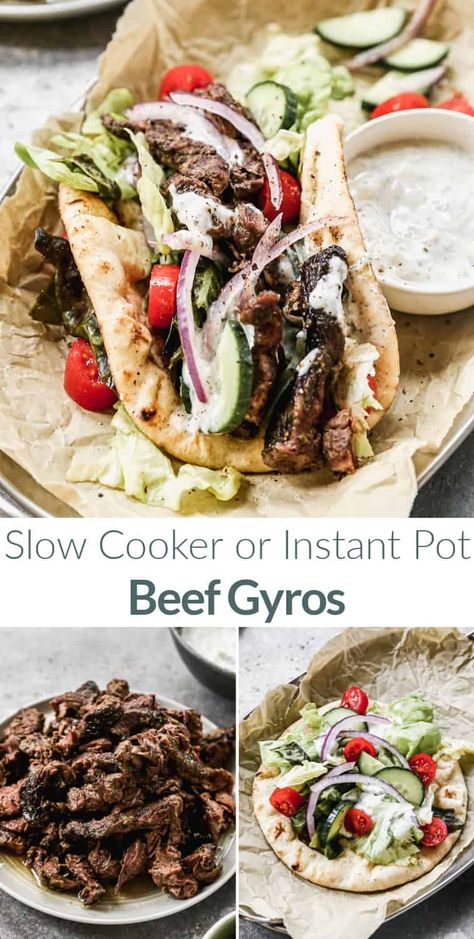 Greek Recipes Instant Pot, Instant Pot Gyros Beef, Slow Cooker Gyros Beef, Roast Beef Gyro Recipe, Roast Beef Gyros, Crockpot Gyros Beef, Frozen Beef Crockpot Recipes, Easy Gyro Recipe Beef, Fresh Beef Recipes