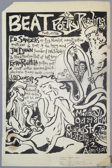 Flyer for “Beat Poetry Reading” at the Charles Street Meeting House, October 24, 1977, with Ed Sanders, Joe Dunn, Eero Ruutila, and J.D. Dawson. The Beat Generation, Beat Poetry Aesthetic, Beat Generation Aesthetic, Poetry Zine, Beat Poetry, Wes Wilson, Lawrence Ferlinghetti, Poetry Slam, Reading Posters