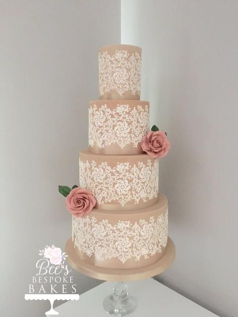 This cake is made using a mix of Sugarflair colours to achieve the nude shade, then decorated with Crystal Candy cake lace “Paradise”, in ivory, trimmed with champagne gold ribbons and finished with hand made sugar roses in an antique pink, with a... Vintage Wedding Cake Designs Lace Detail, Lace Cake Designs, Wedding Cake With Lace, Wedding Cake Lace, Lace Wedding Cakes, Lace Cakes, Lace Cake, Vintage Wedding Cake Topper, Crystal Candy