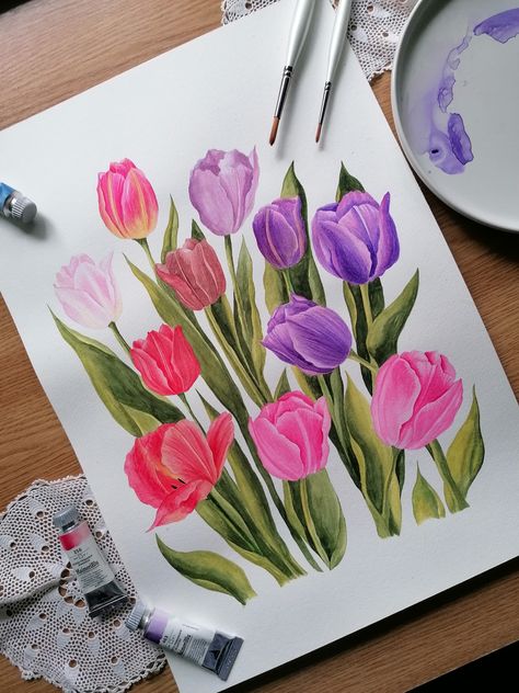 Tulip Flower Drawing Watercolor Painting, Purple Tulip Painting, Tulip Drawings, Tulip Flower Drawing, Sketch Rose, Artist Room, Painted Tulips, Tulip Artwork, Tulips Watercolor