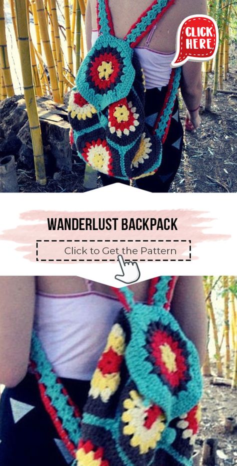 crochet Wanderlust Backpack easy pattern - Easy Crochet Backpack Pattern for Beginners. Click to Get the Pattern #Backpack #crochetpattern #crochet via @shareapattern.com Crochet Granny Square Backpack Pattern, Crochet Backpack Straps, Small Crochet Backpack Free Pattern, Crochet Granny Square Backpack Free Pattern, Granny Square Backpack Pattern, Granny Square Backpack Free Pattern, Crochet Bookbag, Crochet Backpack Free Pattern, Granny Square Backpack