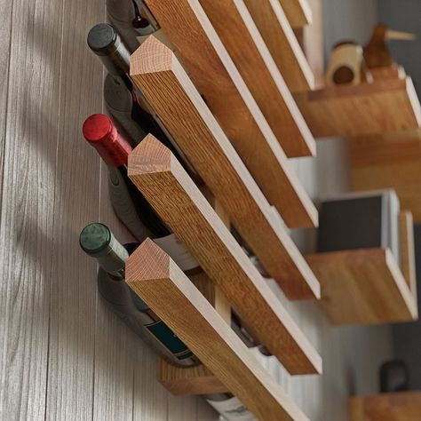 A Simple, Space-Saving Design for a Wall-Mounted Wine Rack - Core77 Diy Wine Wall Rack, Wall Mounted Wine Rack Ideas, Bottle Rack Ideas, Homemade Wine Racks, Diy Wine Rack Wall, Wall Wine Rack Ideas, Wooden Wine Rack Wall, Horizontal Wine Rack, Diy Wine Rack Design