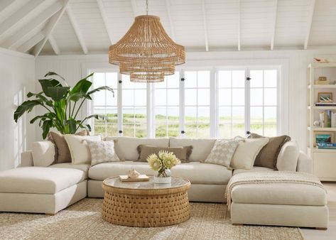 Serena & Lily living room with Sectional sofa in neutral tones - love the texture from the chandelier and round coffee table Living Room Decor Neutral, Serena Lily, Coastal Living Room, Boho Living Room, A Living Room, Farmhouse Living, Dining Room Design, Decoration Design, Design Interior