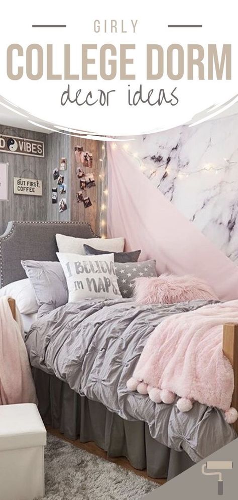 Dorm Room Paintings, White Dorm Room, Pink Dorm Rooms, Pink Dorm, Dorm Room Hacks, Dorm Organization, Cool Dorm Rooms, Room Hacks, College Dorm Room Decor