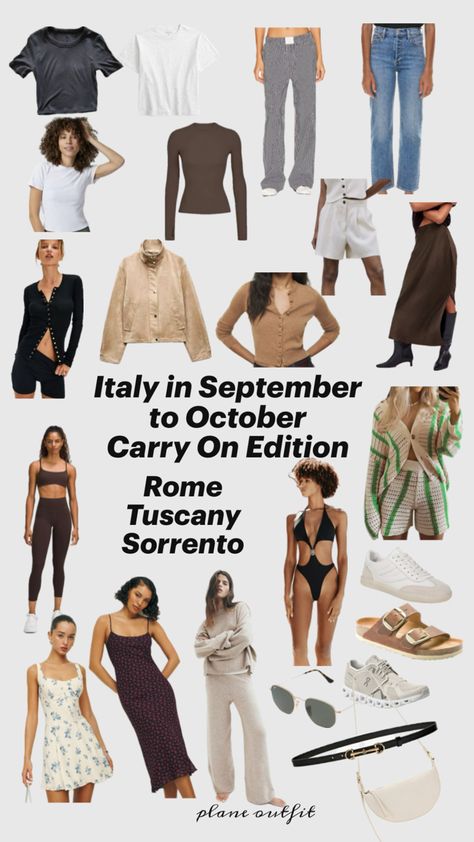 Italy outfits. Carry on. Early fall. September to October. Sorrento, Amalfi, Tuscany, Rome. Italy In September, Italy Packing, Italy Packing List, 10 Days In Italy, Plane Outfit, Trip To Italy, Fall Travel, Early Fall, Sorrento