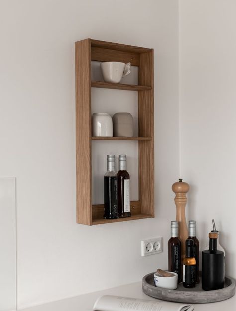 With a slim design, the Threesquare wall-mounted rack of shelves is the perfect object for both storage and showcasing. The squares can easily be mounted and doesn’t take up too much space, since the depth of the shelves is only 8,5 cm. This allows just enough space to arrange your favorite bottles of wine, perfume bottles, flowers or any other of your favorite objects. Can be mounted Vertically or Horizontally. Dimensions:12.6in. Width x 26.38in. Height x 3.3in. Depth Material:Natural FSC Oak w Perfume Shelf, Minimalist Storage, Shelf Inspiration, Clutter Free Home, Apartment Decor Inspiration, Maximize Space, Interior Inspo, House Inspo, Slim Design