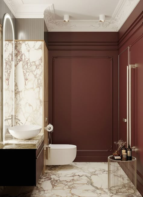 Large Bathroom Ideas Master Suite, Red Bathroom Ideas, Maroon Bathroom, Bathroom Behance, Classic Bathroom Tile, Burgundy Bathroom, Luxury Hotel Bathroom, Hotel Bathroom Design, Red Bathroom Accessories