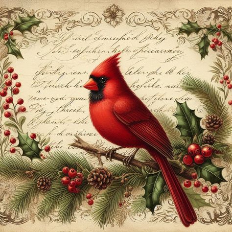 Red Cardinal Christmas Decorations, Botanical Printables, Christmas Birds, Christmas Motifs, Cardinal Christmas, Angel Signs, Christmas Decoupage, Christmas Cardinals, Vintage Christmas Images