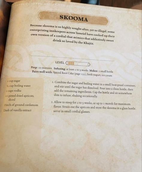 Skyrim Skooma recipe Skyrim Cookbook Recipes, Skooma Recipe, Gamer Foods, Skyrim Cookbook, Fantasy Food Recipes, Skyrim Recipes, Skyrim Wedding, Geeky Recipes, Skyrim Party