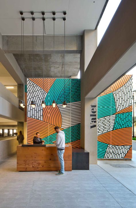 Google Break Room, Commercial Wall Design, Office Mural Wall, Office Mural, Colour Architecture, Industrial Style Decor, Beton Design, Environmental Graphic Design, Lobby Design