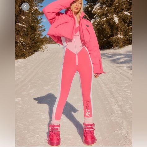 Brand New With Tags: Prettylittlething Plt Ski Pink And White Scoop Neck Ski Suit Ski Suit Outfit, Scuba Suit, Spandex Suit, Snow Day Outfit, Ski Jumpsuit, What To Wear Skiing, White Spandex, Suit Outfit, Ski Suit