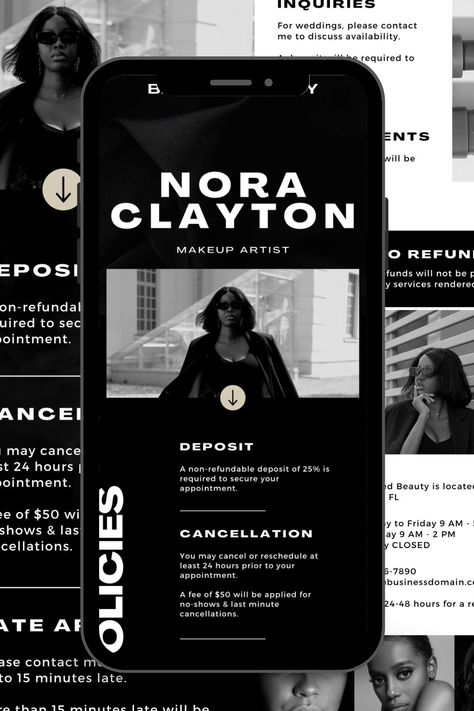 Booking site design with woman wearing glasses and arrow pointing down to policies. Makeup Artist Website Design Inspiration, Acuity Scheduling Design, Artist Website Design, Mua Logo, Acuity Booking Site, Makeup Artist Website, Scheduling Template, Design Makeup, Makeup Artist Business