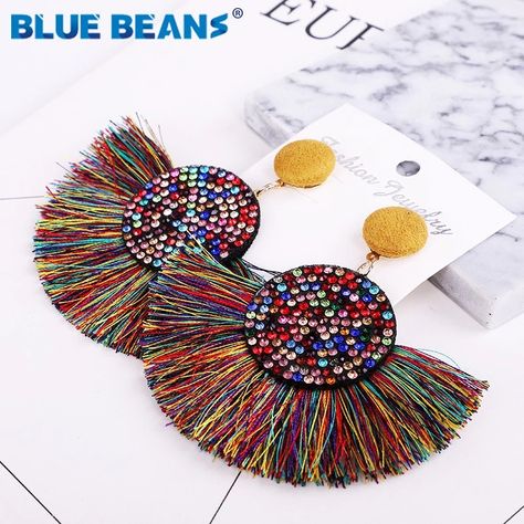 Tassel earrings bohemian statement luxury long earring african colorful handmade women geometric fringe fashion big rhinestone c-in Drop Earrings from Jewelry & Accessories on Aliexpress.com | Alibaba Group Long Crystal Earrings, Big Statement Earrings, Fringe Fashion, Hanging Earrings, Boho Stil, Beaded Tassels, Fringe Earrings, Rhinestone Earrings, Gold Set