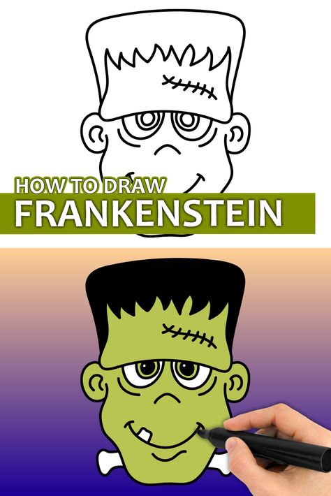 Frankinstine Pumpkin Painting Ideas, Easy Frankenstein Drawing, Painted Frankenstein Pumpkin, How To Draw Frankenstein, Frankinstine Pumpkin, Simple Frankenstein Drawing, Frankinstine Pumpkin Painting, Cute Frankenstein Drawing, Frankinstine Drawings