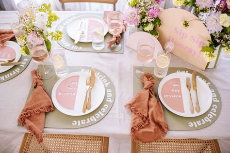 A Guide To Creating Event Decor with A Cricut Cricut Tablecloth Ideas, Cricut Placemats, Wedding Table Stationary, Creative Placemats, Kitchen Tea Games, Wedding Placemat, Sunset Theme, Dinner Party Decorations, Outdoor Dinner Parties