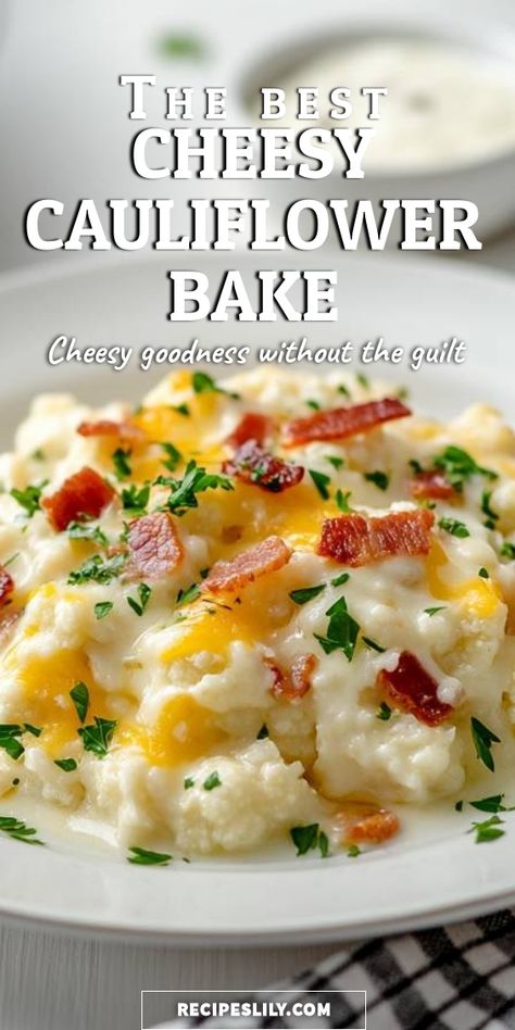 I love this cheesy cauliflower bake! It's a guilt-free comfort food that satisfies my cheesy cravings without all the calories. Perfect as a side dish or a main meal, topped with crispy bacon and fresh parsley for an extra punch of flavor. You won’t believe how delicious and creamy it is! Quest Cauliflower Bake, Cheesy French Onion Cauliflower, Cheesy Cauliflower Bake, Cauliflower Bake, Bacon Cauliflower, Cheese Alternatives, Cheesy Cauliflower, Baked Cauliflower, Cheesy Recipes