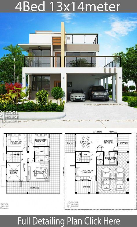 Home Design Plan 19x14m With 4 Bedrooms - #19x14m #architecture #bedrooms #design #home #plan 4 Bedroom House Designs, Philippines House Design, Home Designs Exterior, Two Story House Design, Modern House Floor Plans, 2 Storey House Design, Two Story House, Building Plans House, Duplex House Plans