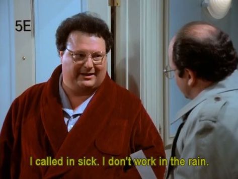 Newman is supposed to be bringing a calzone to Steinbrenner but it’s raining. Newman doesn’t work in the rain, he calls in sick! Wayne Knight, Seinfeld Funny, Seinfeld Quotes, Top Tv Shows, King Of Queens, Jerry Seinfeld, Mail Carrier, Seinfeld, Tv Characters