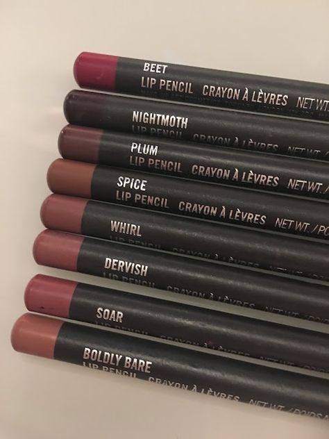 mac lip pencils Mac Lip Liner Spice, Lip Pencil Aesthetic, Stripdown Mac Lipliner Combo, Mac Nightmoth Lipliner, Mac Makeup Aesthetic, Nyc Lip Liner, Mac Lip Liner Swatches, Lip Liner Aesthetic, Mac Lip Combo