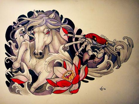 Horse Tattoo Design, Crab Tattoo, Japanese Tattoo Symbols, Japan Tattoo Design, Irezumi Tattoos, Asian Tattoos, Horse Tattoo, Japan Tattoo, Custom Tattoo Design