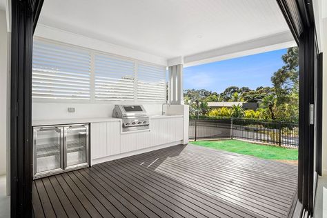 Vj Panelling Outdoor Area, Decking Ideas Outdoor Australia, Alfresco Kitchen, Alfresco Ideas Australia, Alfresco Designs, Outdoor Living Kitchen, Outdoor Shutters, Dream Backyard Garden, Outdoor Bbq Area